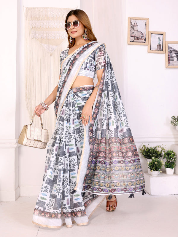 WHITE BLOCK PRINT CHANDERI COTTAN SAREE