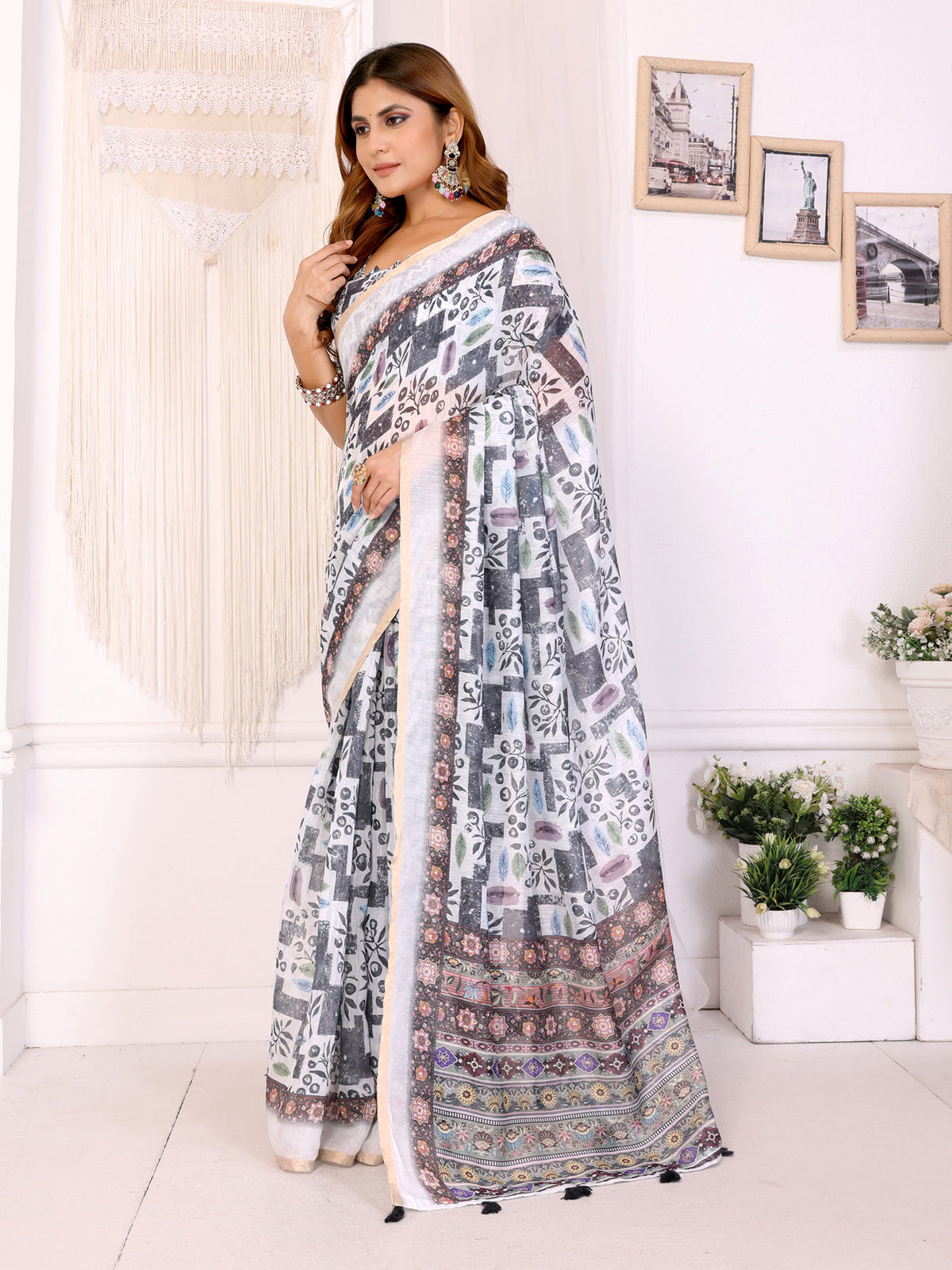 WHITE BLOCK PRINT CHANDERI COTTAN SAREE