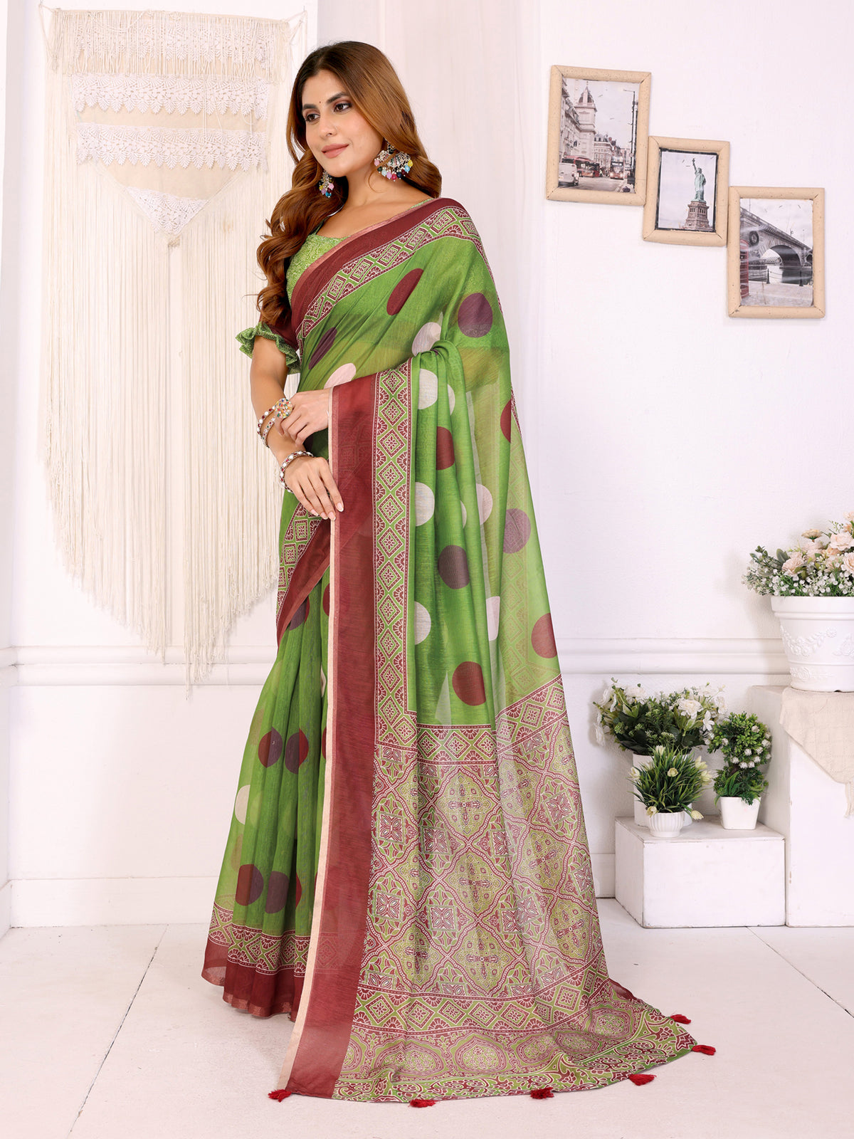 GREEN MARUN BLOCK PRINT CHANDERI COTTAN SAREE