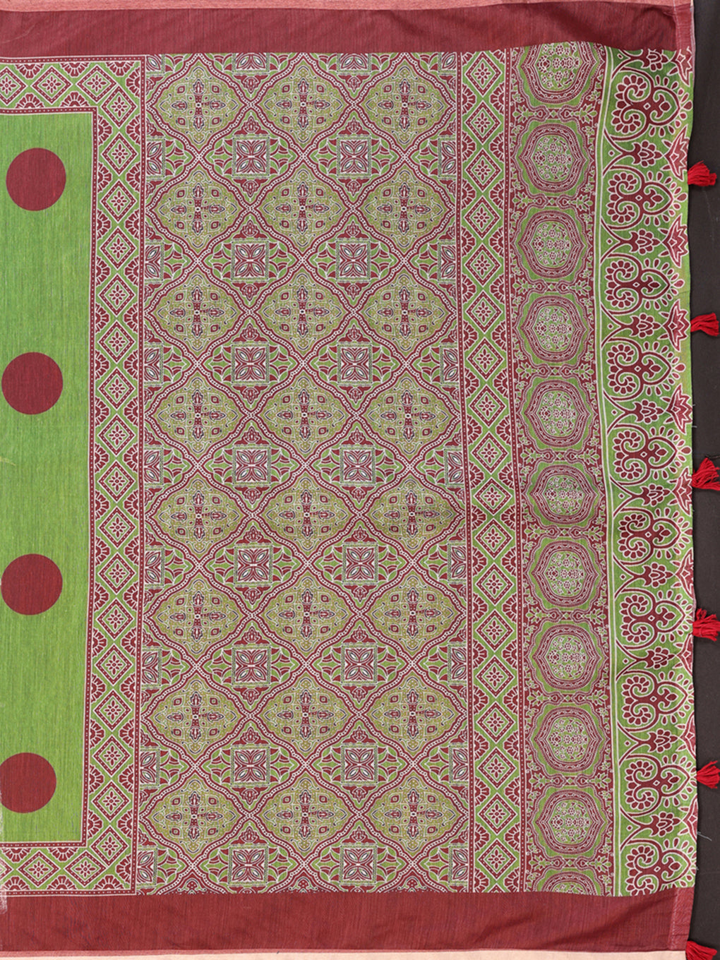 GREEN MARUN BLOCK PRINT CHANDERI COTTAN SAREE