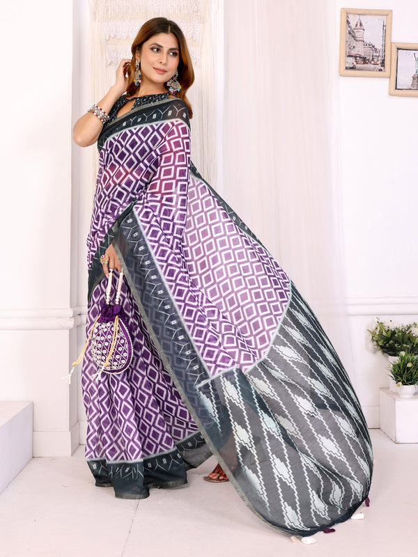 PURPLE IKKAT BLOCK PRINT CHANDERI COTTAN SAREE