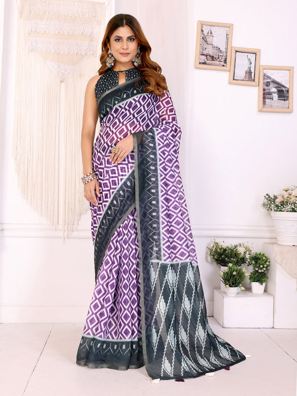 PURPLE IKKAT BLOCK PRINT CHANDERI COTTAN SAREE