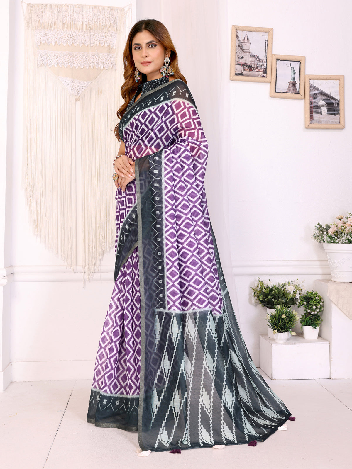 PURPLE IKKAT BLOCK PRINT CHANDERI COTTAN SAREE