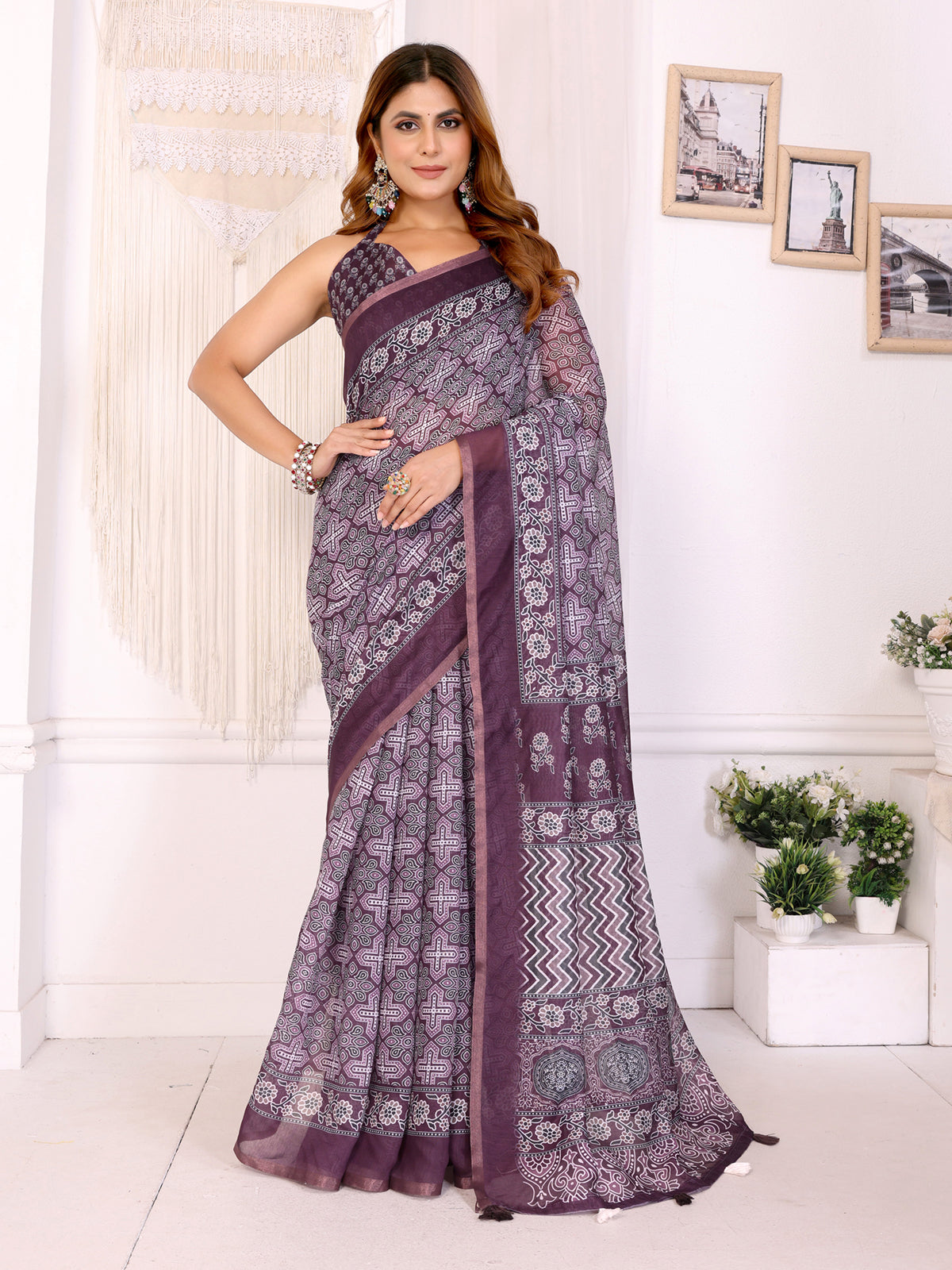 CHERRY RED BLOCK PRINT CHANDERI COTTAN SAREE
