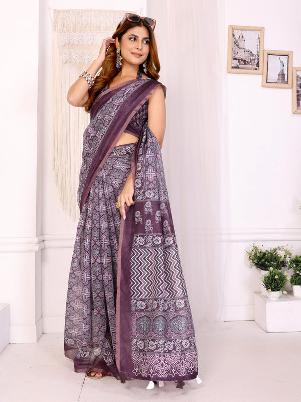 CHERRY RED BLOCK PRINT CHANDERI COTTAN SAREE