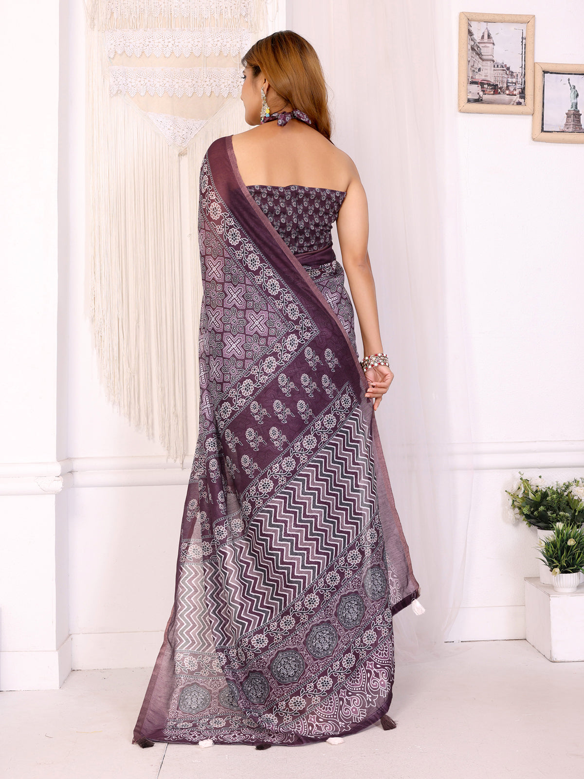 CHERRY RED BLOCK PRINT CHANDERI COTTAN SAREE