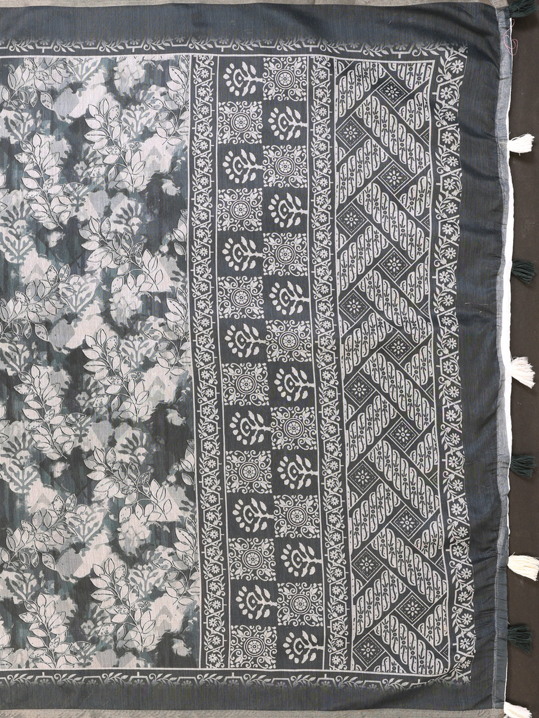 GREY BLOCK PRINT CHANDERI COTTAN SAREE