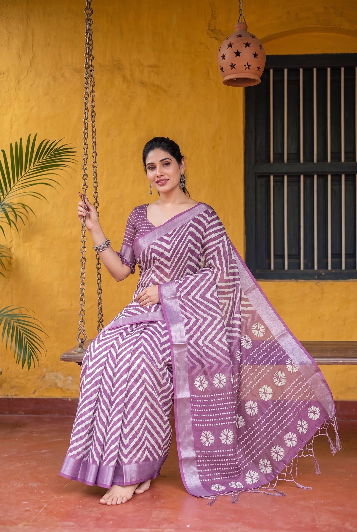 PURPLE FLOWER PRINT ZARI BORDER SAREE