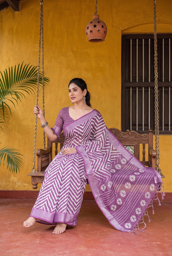 PURPLE FLOWER PRINT ZARI BORDER SAREE