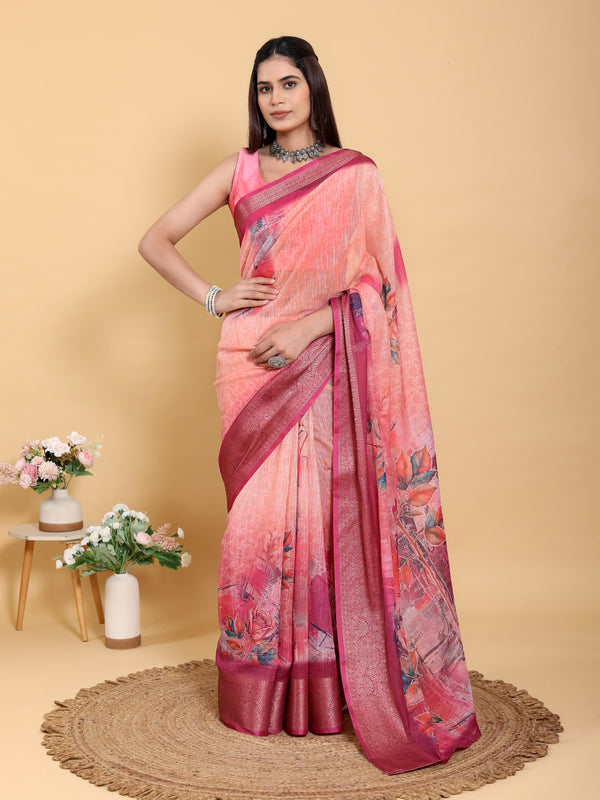 TOMETO MARUN FLOWER PRINT ZARI BORDER SAREE