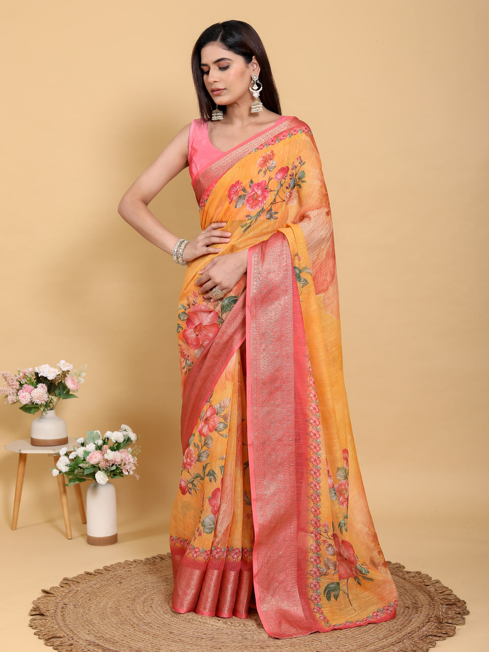 MUSTERD FLOWER PRINT ZARI BORDER SAREE
