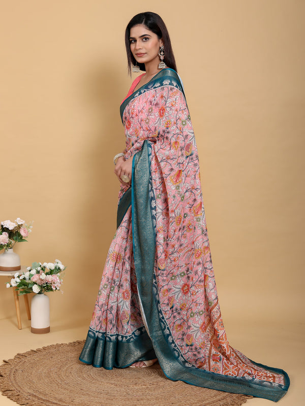 WHITE RAMA FLOWER PRINT ZARI BORDER SAREE
