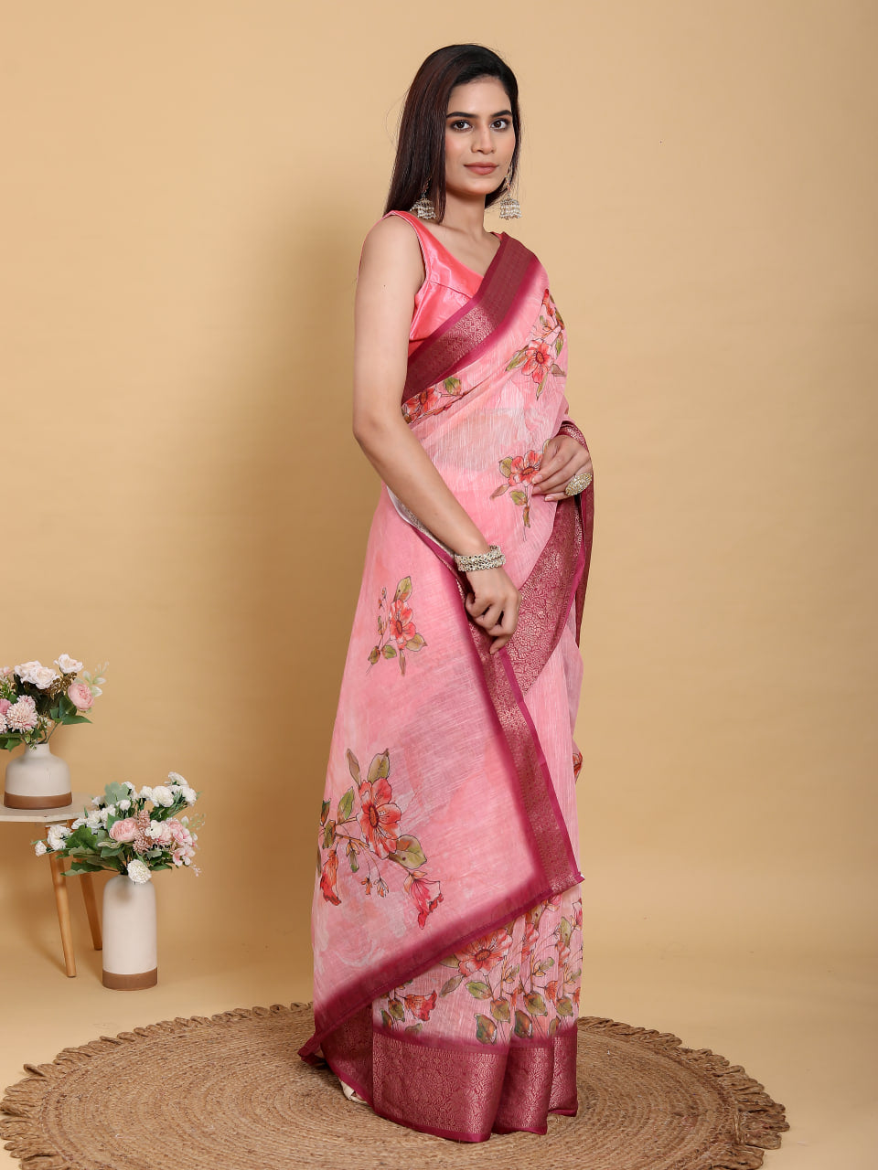 TOMETO MARUN FLOWER PRINT ZARI BORDER SAREE