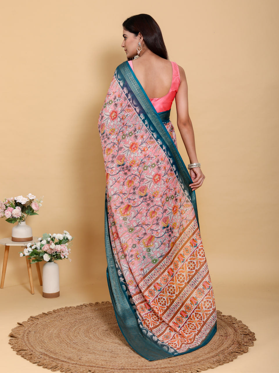 WHITE RAMA FLOWER PRINT ZARI BORDER SAREE
