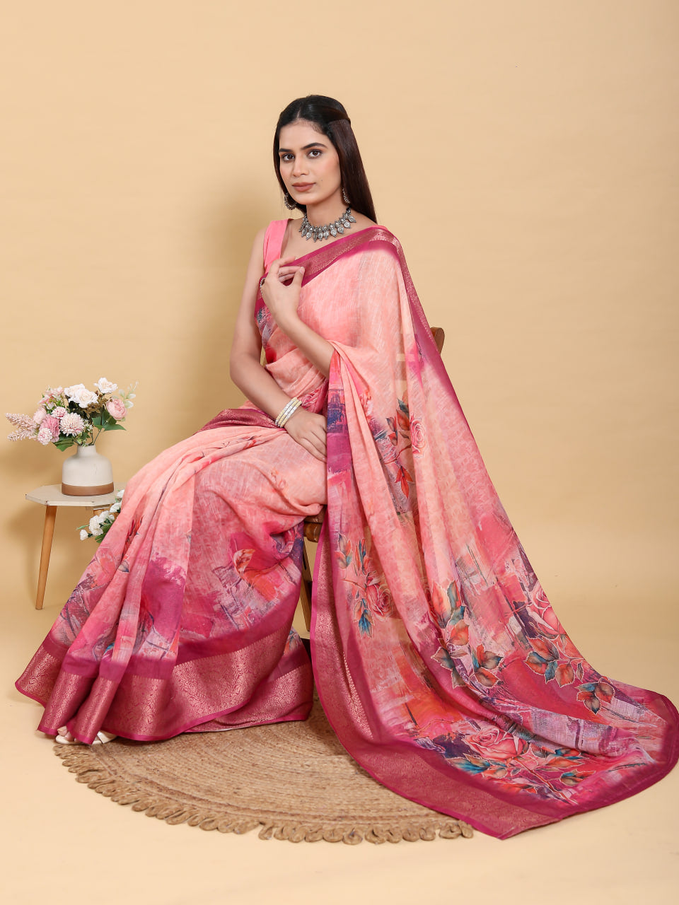 TOMETO MARUN FLOWER PRINT ZARI BORDER SAREE