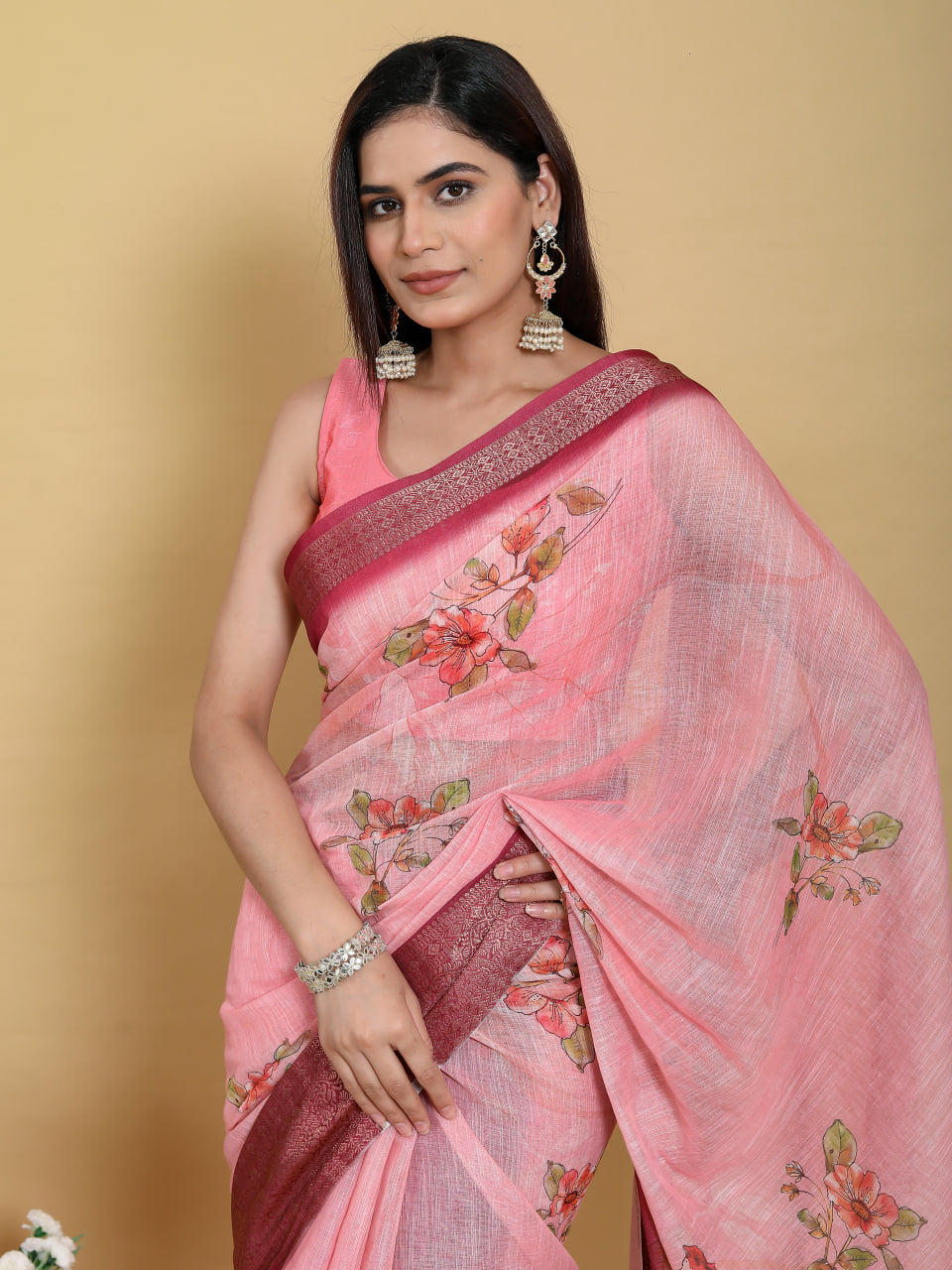 TOMETO MARUN FLOWER PRINT ZARI BORDER SAREE