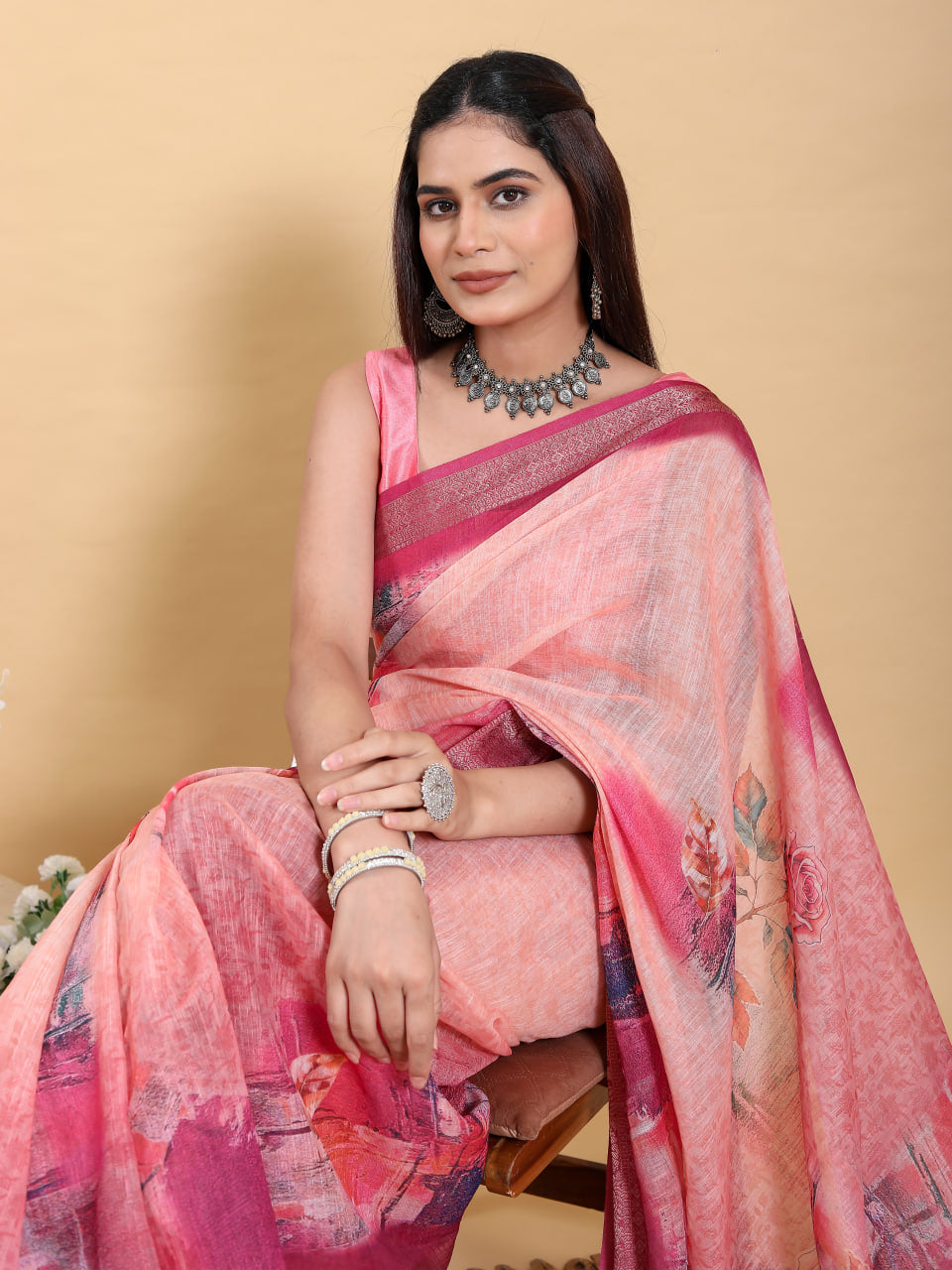 TOMETO MARUN FLOWER PRINT ZARI BORDER SAREE